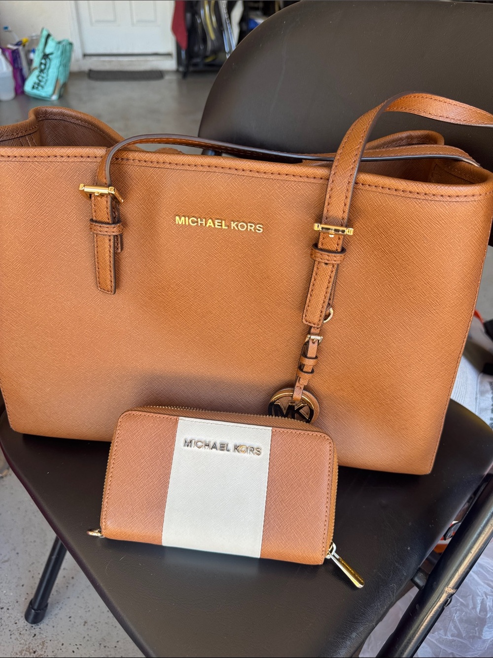 Michael Kors Brown Saffiano Leather Tote with Two-Tone Wallet
